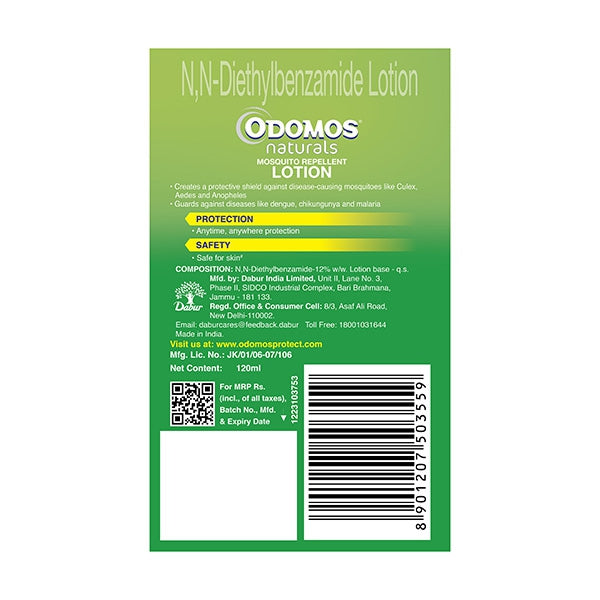 Dabur Odomos Naturals Mosquito Repellent Lotion 120 ml | Baby Safe Protection from Dengue & Malaria