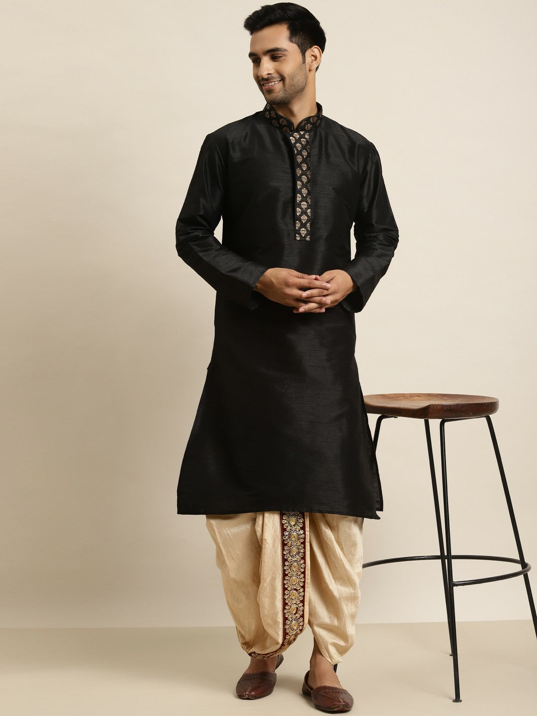 Buy Men’s Beige Embroidered Ready-to-Wear Dhoti Online – Indiaista