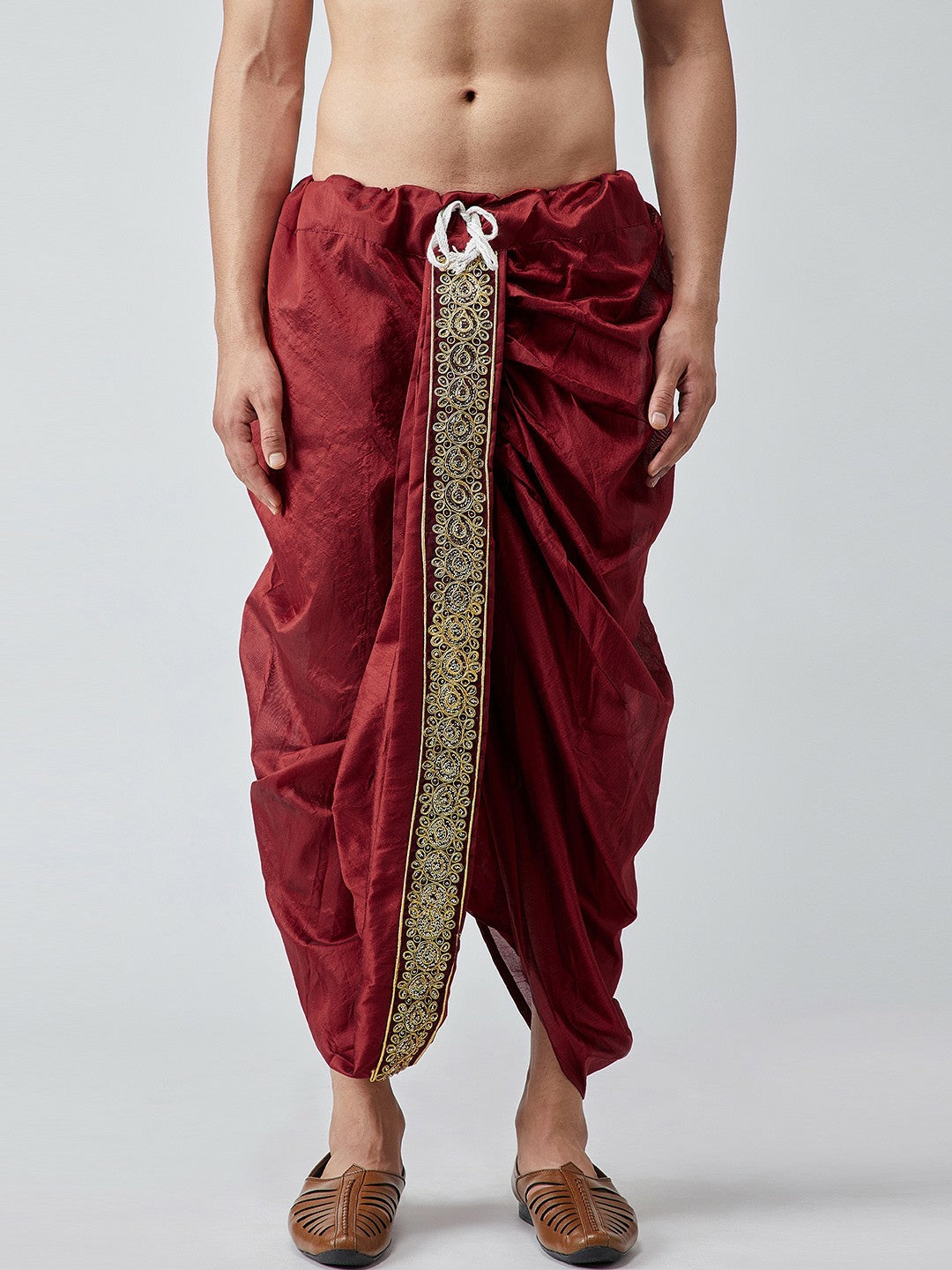 Men's Maroon Dhoti Pants with Zari Detail & Drawstring Waistband – Indiaista