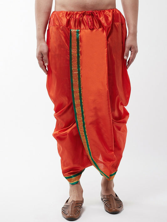 Men’s Orange Solid Stitched Dhoti with Zari Border – Traditional & Stylish | Indiaista