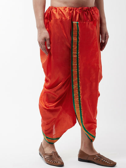 Men’s Orange Solid Stitched Dhoti with Zari Border – Traditional & Stylish | Indiaista