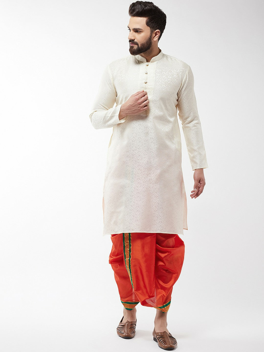 Men’s Orange Solid Stitched Dhoti with Zari Border – Traditional & Stylish | Indiaista