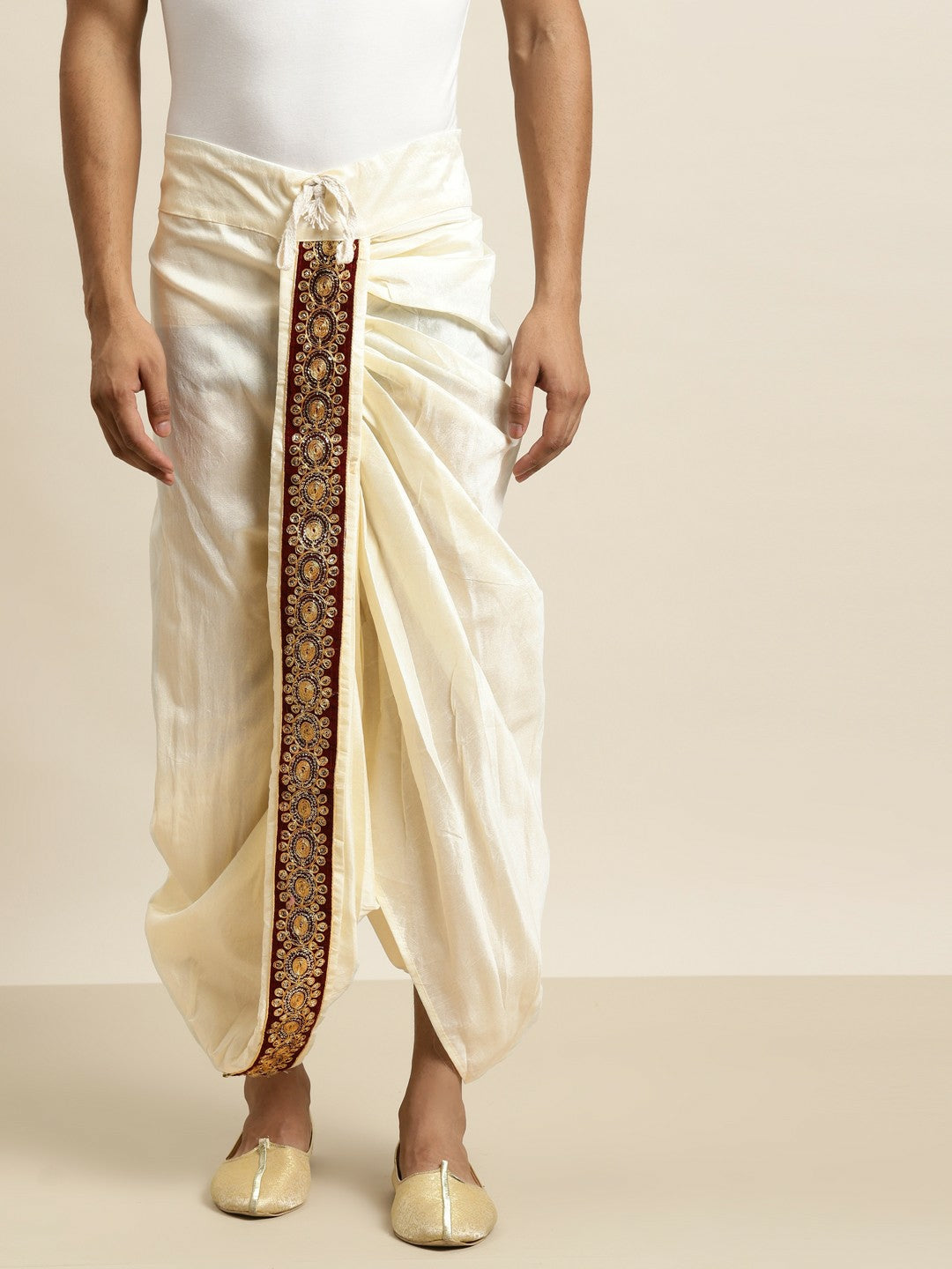 Men's Cream-Coloured & Maroon Solid Dhoti Pants with Embellished Border – Traditional Ethnic Wear