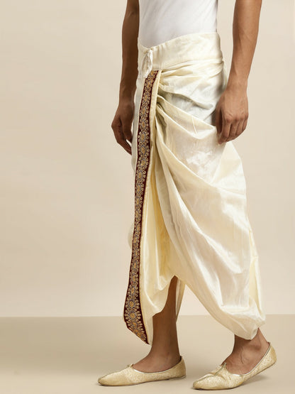 Men's Cream-Coloured & Maroon Solid Dhoti Pants with Embellished Border – Traditional Ethnic Wear