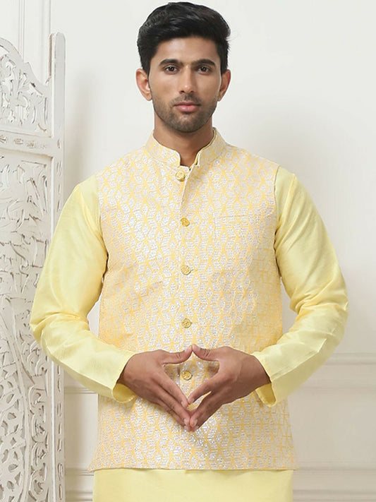 Men's Yellow Woven Nehru Jacket with Mandarin Collar & 3 Pockets