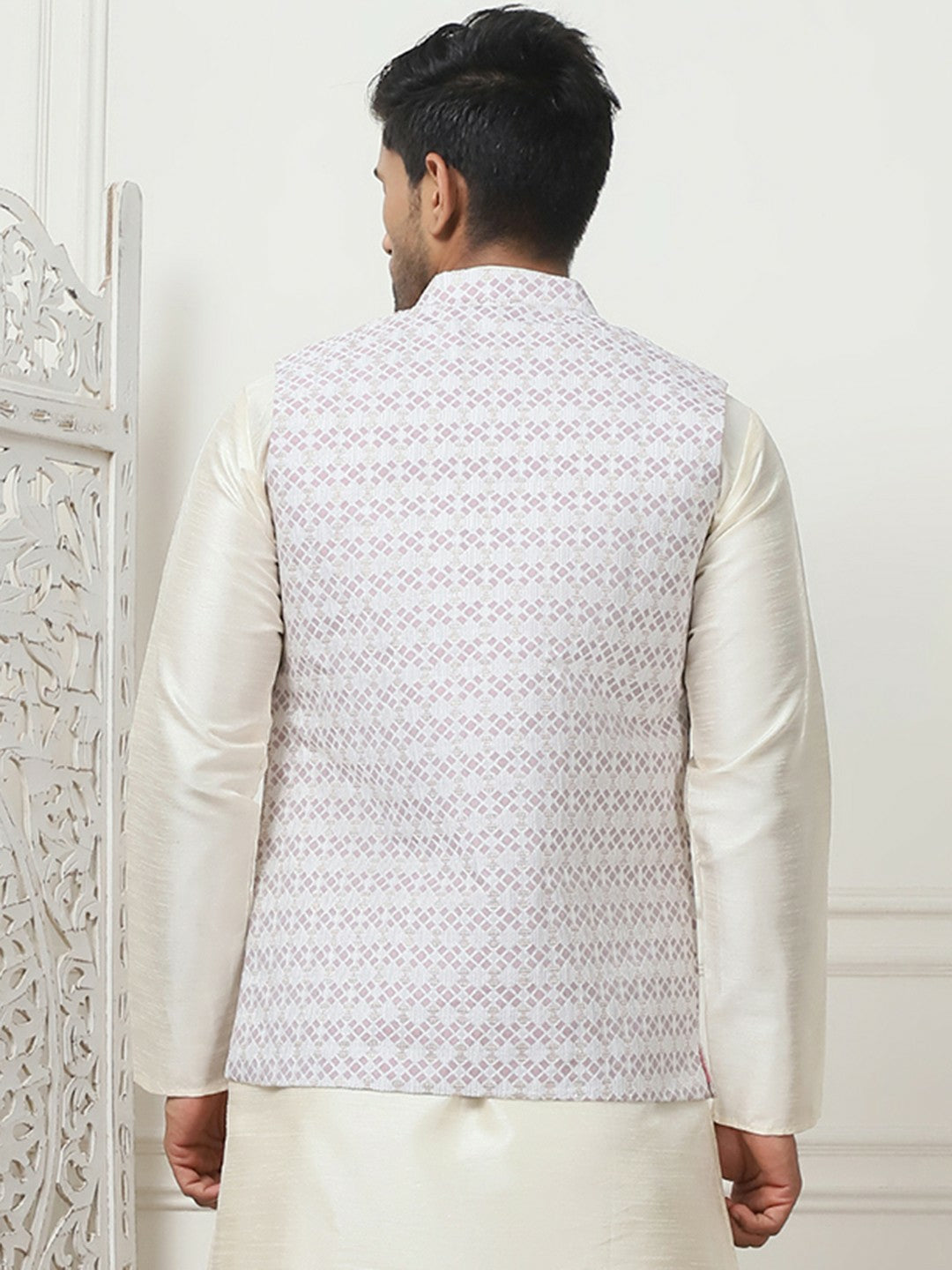 Men's Purple Printed Nehru Jacket with Mandarin Collar & 3 Pockets