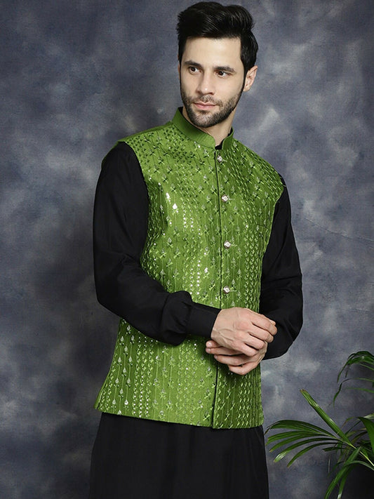 Men's Green Embroidered Sequin Nehru Jacket in Silk Blend