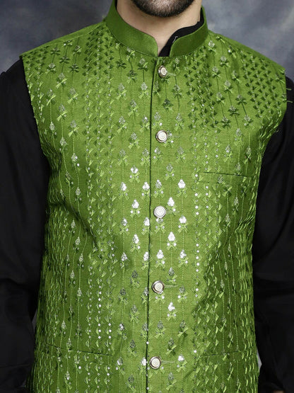Men's Green Embroidered Sequin Nehru Jacket in Silk Blend