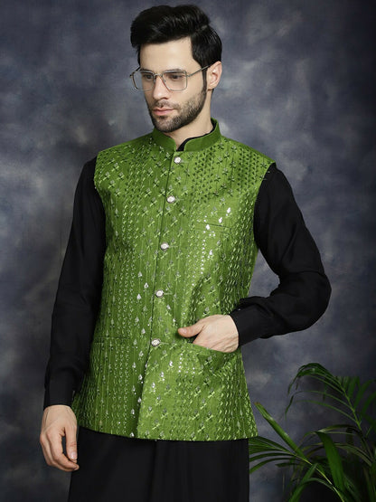 Men's Green Embroidered Sequin Nehru Jacket in Silk Blend