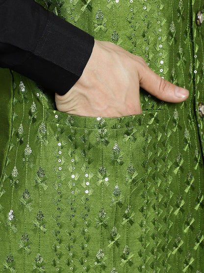 Men's Green Embroidered Sequin Nehru Jacket in Silk Blend