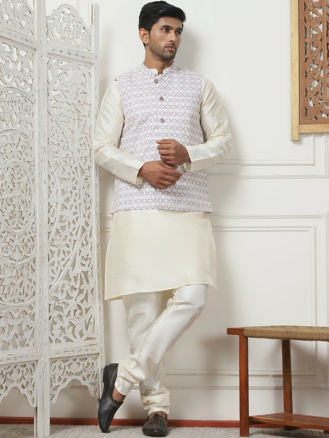 Men's Purple Printed Nehru Jacket with Mandarin Collar & 3 Pockets