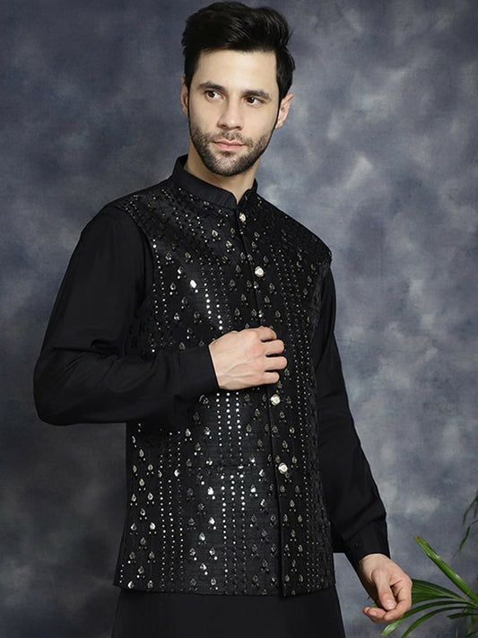 Men's Black Embellished Satin Nehru Jacket in Silk Blend