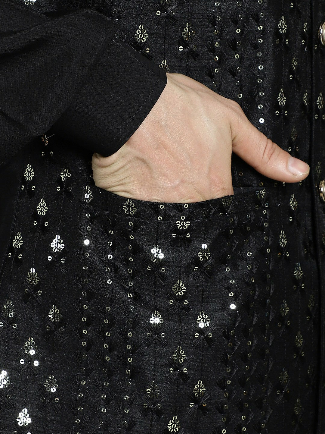 Men's Black Embellished Satin Nehru Jacket in Silk Blend