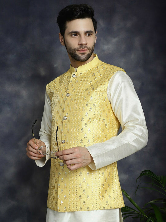 Men's Yellow Embroidered Nehru Jacket in Silk Cotton Blend