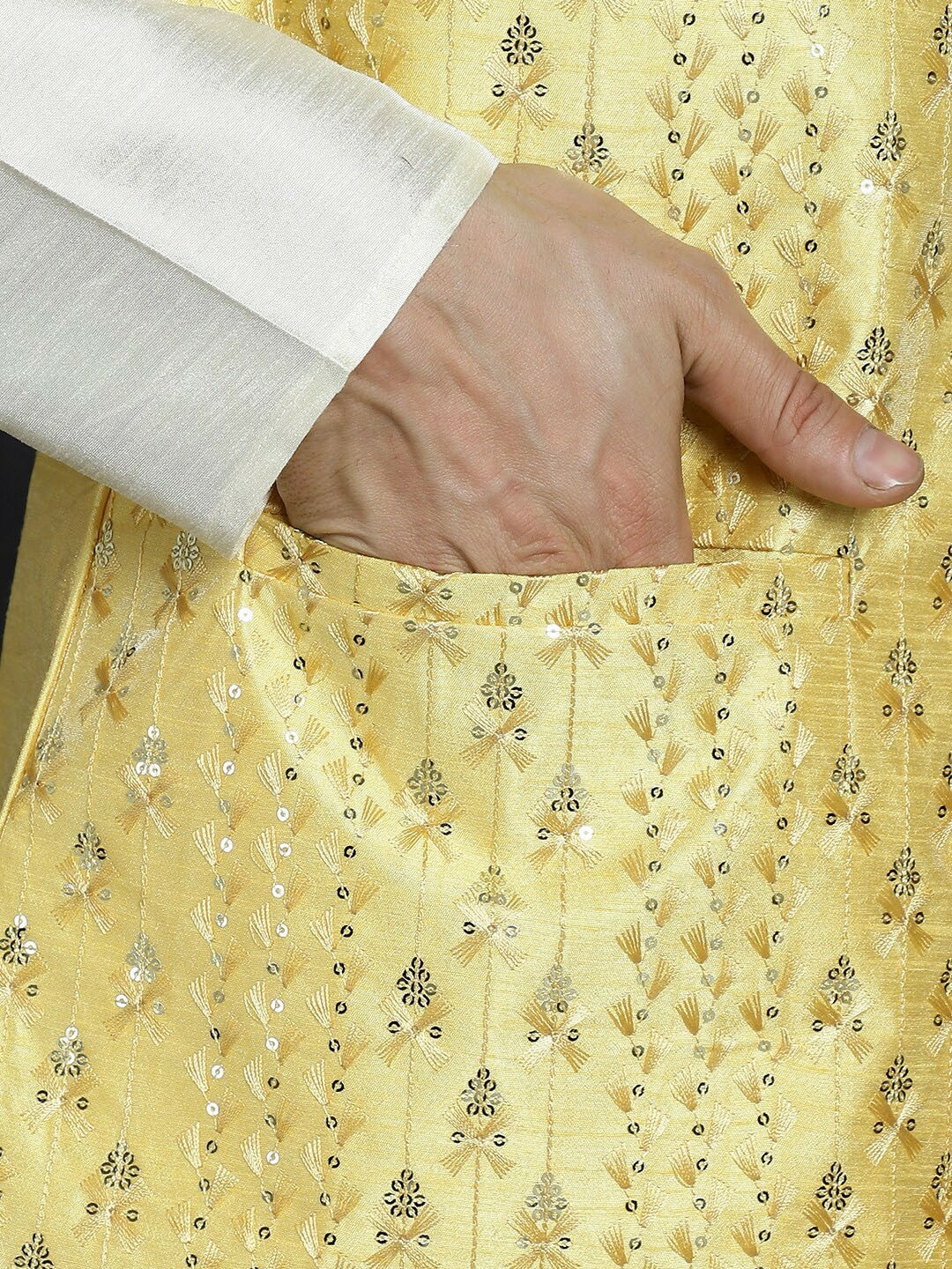 Men's Yellow Embroidered Nehru Jacket in Silk Cotton Blend