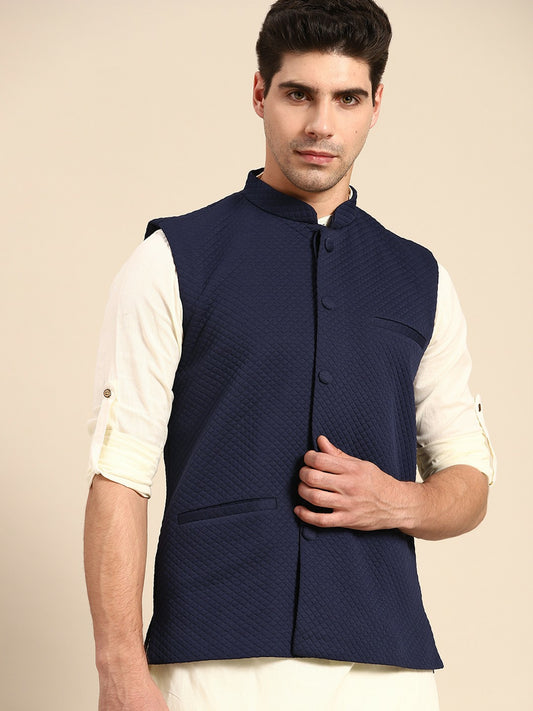 Men's Navy Blue Self-Textured Nehru Jacket in Silk Blend