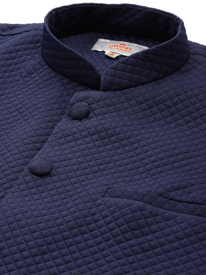 Men's Navy Blue Self-Textured Nehru Jacket in Silk Blend