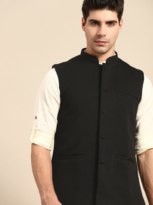 Men's Black Self-Textured Nehru Jacket in Premium Silk Blend