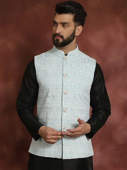 Men's Blue Embroidered Nehru Jacket in Silk Cotton Blend