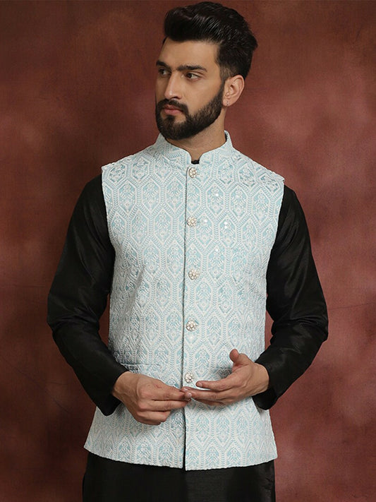 Men's Blue Embroidered Nehru Jacket in Silk Cotton Blend