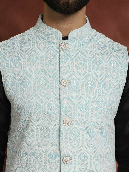 Men's Blue Embroidered Nehru Jacket in Silk Cotton Blend
