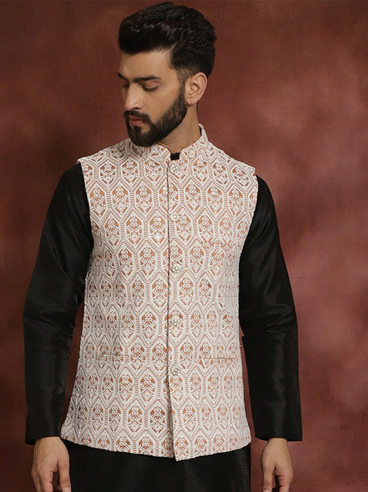 Men's Peach Embroidered Jacquard Silk Nehru Jacket