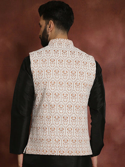 Men's Peach Embroidered Jacquard Silk Nehru Jacket