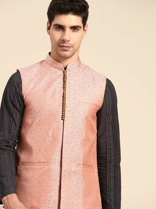 Men's Pink & Yellow Woven Jacquard Silk Nehru Jacket with Lining
