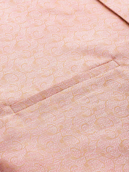 Men's Pink & Yellow Woven Jacquard Silk Nehru Jacket with Lining
