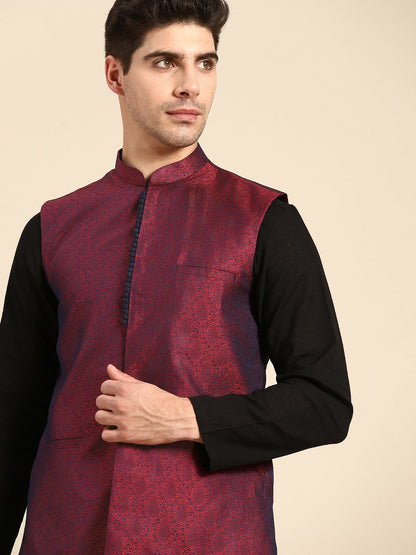Men's Maroon & Navy Jacquard Silk Nehru Jacket with Woven Design