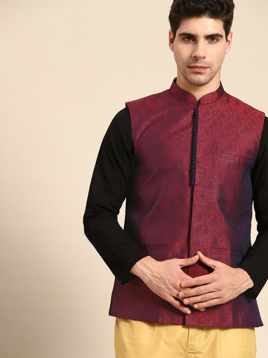 Men's Maroon & Navy Jacquard Silk Nehru Jacket with Woven Design