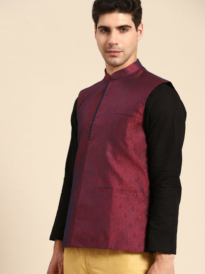 Men's Maroon & Navy Jacquard Silk Nehru Jacket with Woven Design