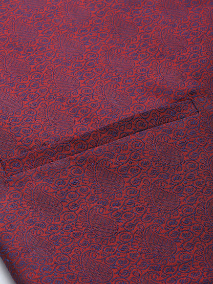 Men's Maroon & Navy Jacquard Silk Nehru Jacket with Woven Design