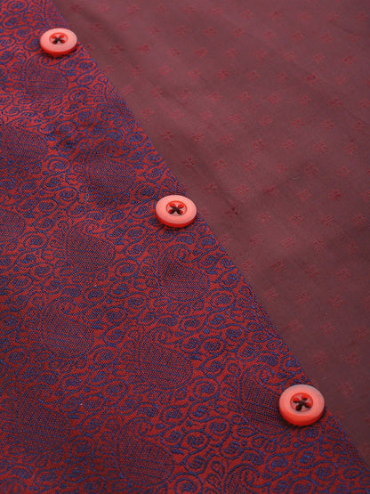 Men's Maroon & Navy Jacquard Silk Nehru Jacket with Woven Design