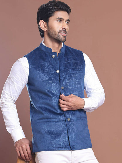 Men's Blue Printed Nehru Jacket in Silk-Polyester Blend