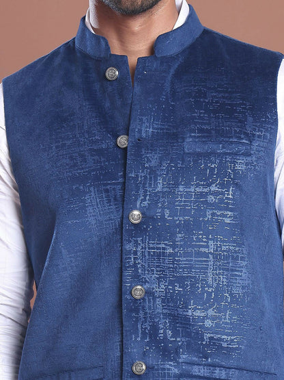 Men's Blue Printed Nehru Jacket in Silk-Polyester Blend