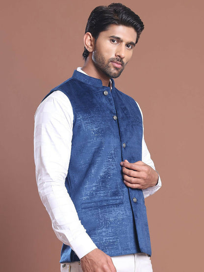 Men's Blue Printed Nehru Jacket in Silk-Polyester Blend