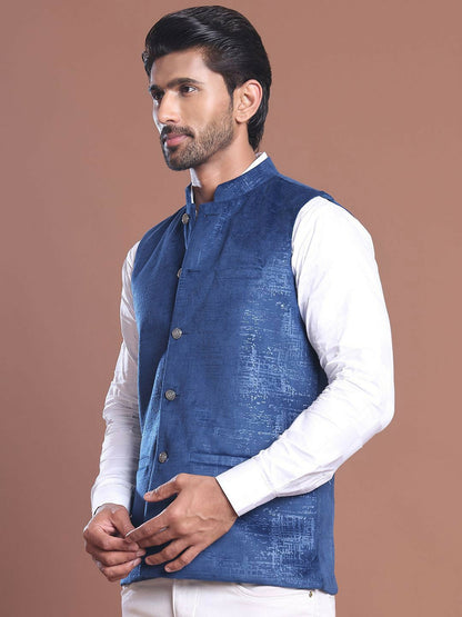 Men's Blue Printed Nehru Jacket in Silk-Polyester Blend