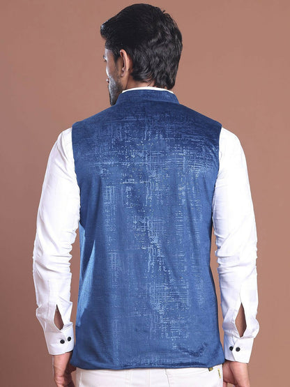 Men's Blue Printed Nehru Jacket in Silk-Polyester Blend