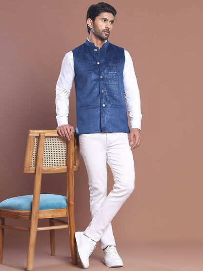 Men's Blue Printed Nehru Jacket in Silk-Polyester Blend