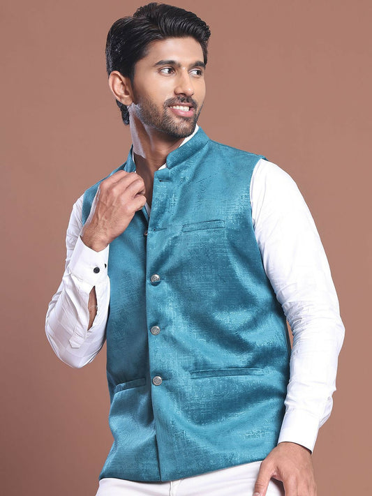 Men's Blue Printed Silk Blend Nehru Jacket