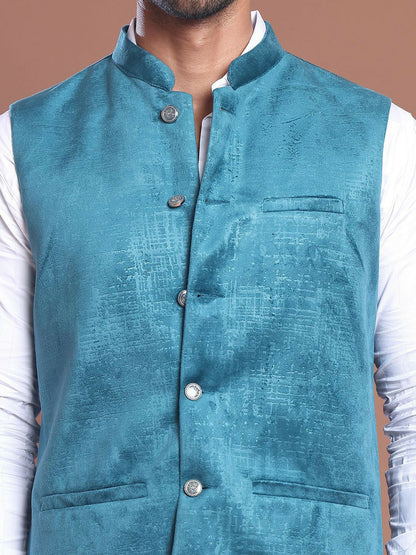 Men's Blue Printed Silk Blend Nehru Jacket
