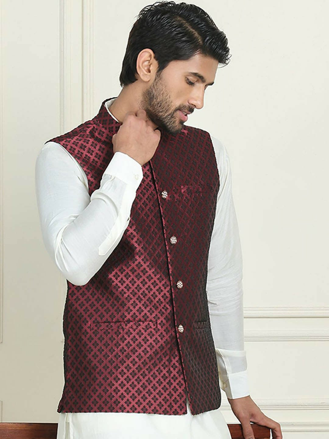 Men's Maroon & Black Woven Nehru Jacket with Mandarin Collar