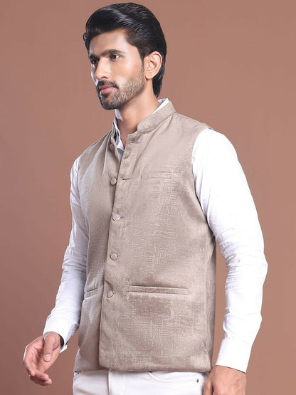Men's Beige Woven Design Nehru Jacket
