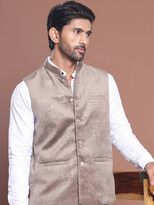 Men's Beige Woven Design Nehru Jacket