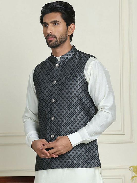 Men's Silver & Black Woven Nehru Jacket with Mandarin Collar