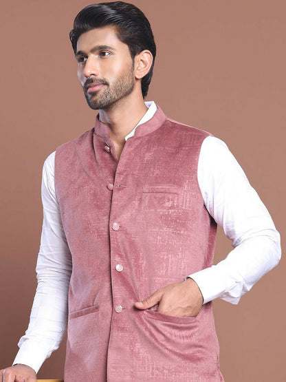 Men's Magenta Woven Design Nehru Jacket