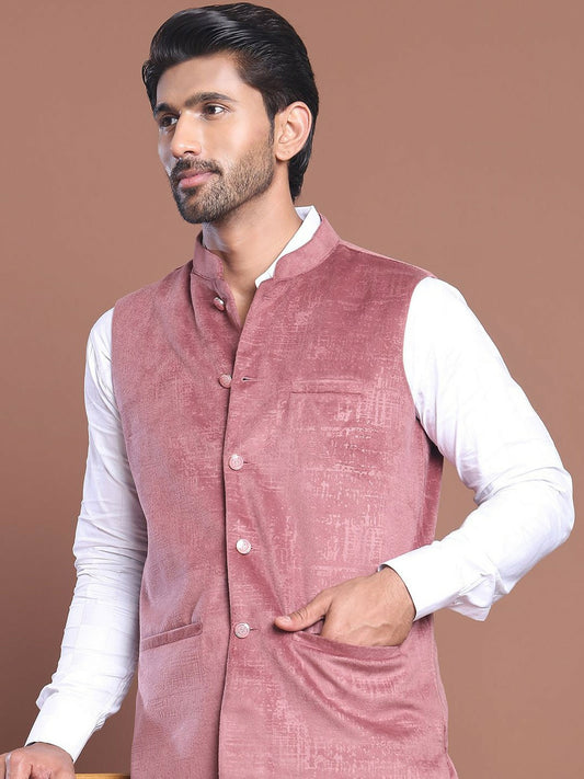 Men's Magenta Woven Design Nehru Jacket