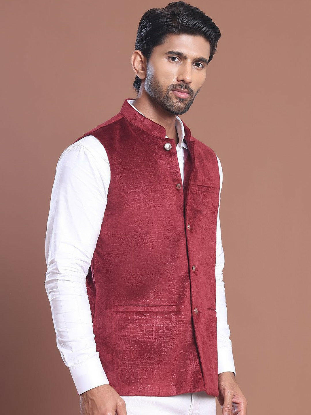 Men's Maroon Printed Woven Nehru Jacket