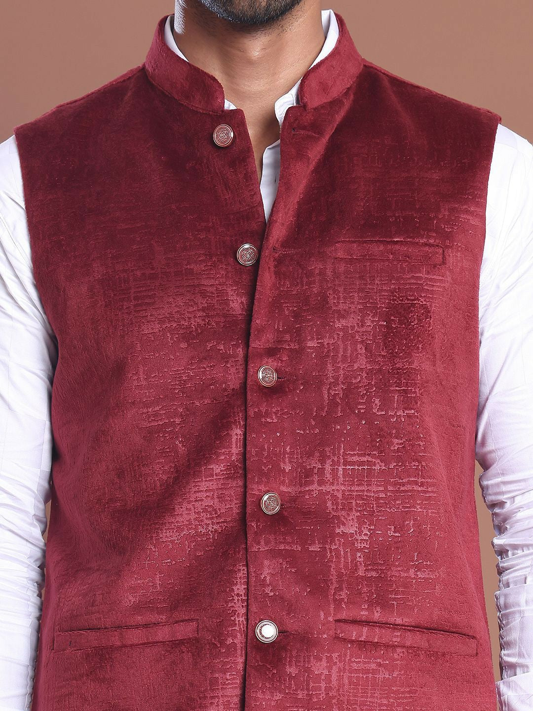 Men's Maroon Printed Woven Nehru Jacket